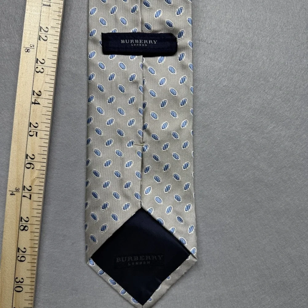 Burberry London Men's Woven Silk Tie Gray/Blue Geometric Pattern Logo Accent